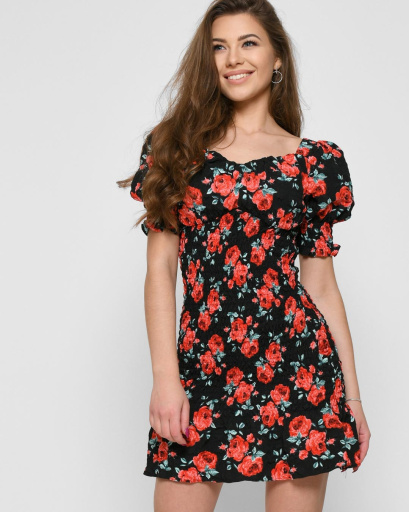 Чорна сукня-резинка в квіточку 48381, Колір: Чорний, Розмір: M, зображення 4