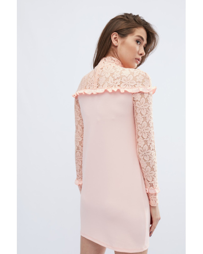 Короткое платье с гипюром и рюшами цвета персик 32789, Цвет: Персиковий, Размер: XS, изображение 4