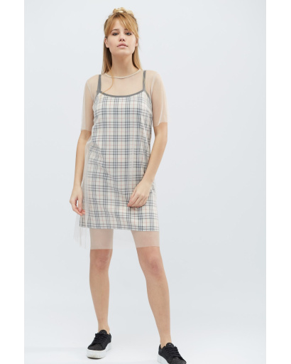 Сукня в клітинку з прозорою сіткою 32342, Колір: Бежевий, Розмір: XS, зображення 2