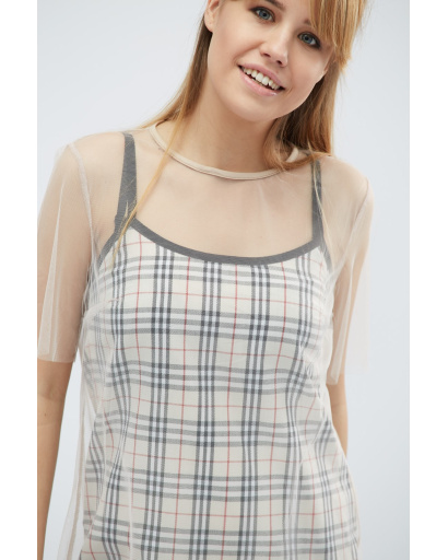 Сукня в клітинку з прозорою сіткою 32342, Колір: Бежевий, Розмір: XS, зображення 3