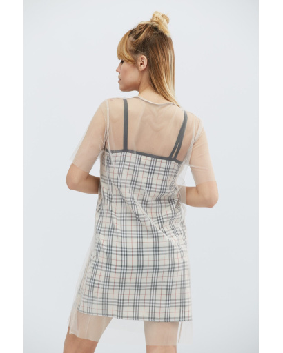 Сукня в клітинку з прозорою сіткою 32342, Колір: Бежевий, Розмір: XS, зображення 4