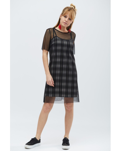 Сукня в клітинку з прозорою сіткою 32343, Колір: Чорний, Розмір: XS, зображення 2