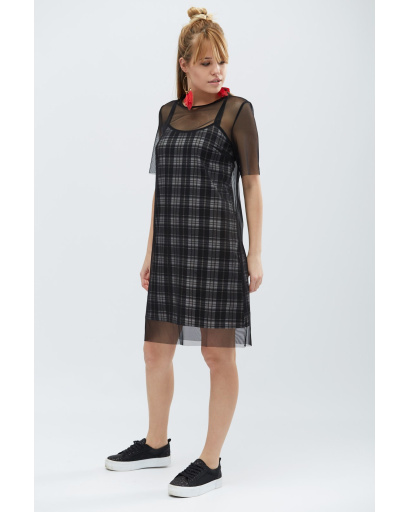 Сукня в клітинку з прозорою сіткою 32343, Колір: Чорний, Розмір: XS, зображення 4