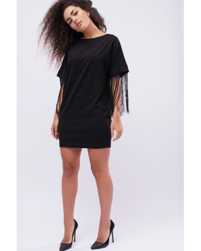 Черное платье оверсайз с бахромой 32429, Цвет: Черный, Размер: XS, изображение 2