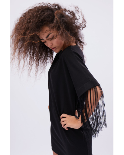 Черное платье оверсайз с бахромой 32429, Цвет: Черный, Размер: XS, изображение 3