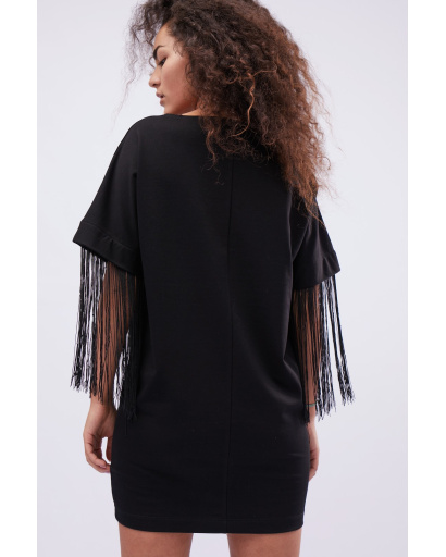 Черное платье оверсайз с бахромой 32429, Цвет: Черный, Размер: XS, изображение 4