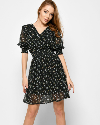 Чорна шифонова сукня в квіточку 48576, Колір: Чорний, Розмір: S, зображення 5