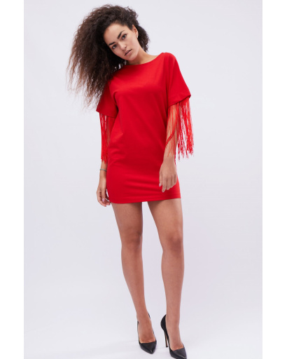 Червона сукня оверсайз з бахромою 32516, Колір: Червоний, Розмір: L, зображення 2