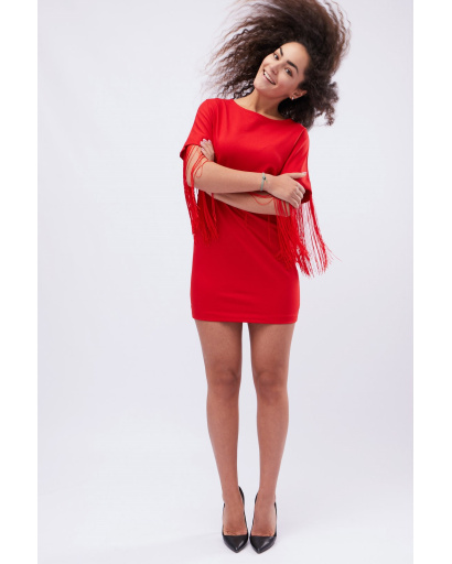 Червона сукня оверсайз з бахромою 32516, Колір: Червоний, Розмір: L, зображення 3