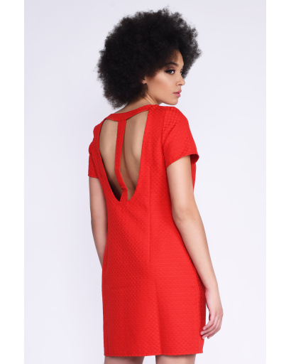 Жакардова міні сукня з вирізами на спинці та коротким рукавом 33010, Колір: Червоний, Розмір: S, зображення 3