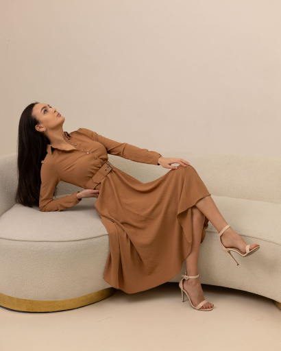 Романтична довга сукня з розкльошеною спідницею 36717, Колір: Кемел, Розмір: XS, зображення 4