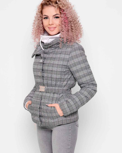 Черно-белая куртка в клетку с поясом 34977, Цвет: Серый, Размер: XS, изображение 3
