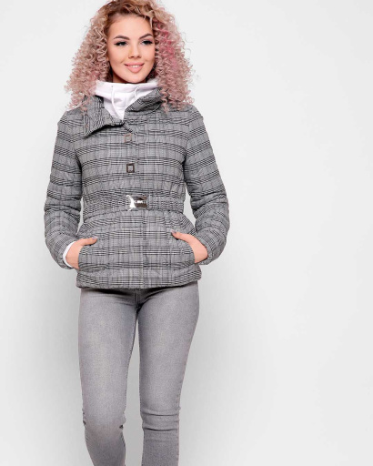 Черно-белая куртка в клетку с поясом 34977, Цвет: Серый, Размер: XS, изображение 4