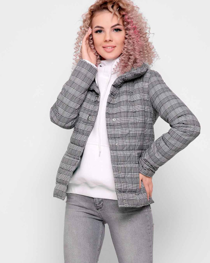 Черно-белая куртка в клетку с поясом 34977, Цвет: Серый, Размер: XS, изображение 5