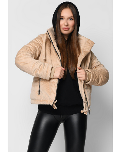 Демісезонна вельветова бежева куртка з високим коміром 36731, Колір: Бежевий, Розмір: L, зображення 2
