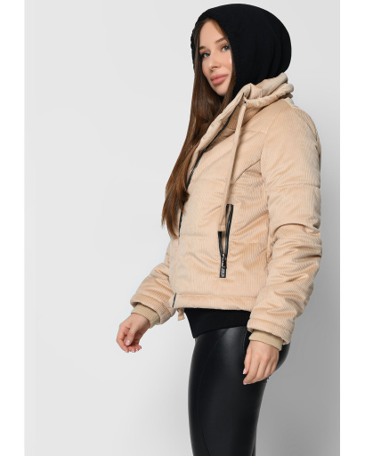 Демісезонна вельветова бежева куртка з високим коміром 36731, Колір: Бежевий, Розмір: L, зображення 3