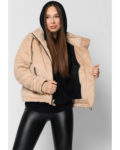 Демісезонна вельветова бежева куртка з високим коміром 36731, Колір: Бежевий, Розмір: L, зображення 4