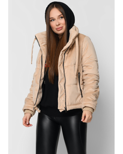 Демісезонна вельветова бежева куртка з високим коміром 36731, Колір: Бежевий, Розмір: L, зображення 5