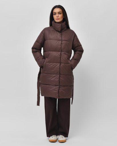 Стьобана куртка-пальто з поясом, колір шоколад 55449, Колір: Коричневий, Розмір: XS, зображення 6