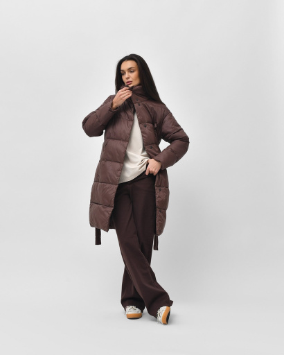 Стьобана куртка-пальто з поясом, колір шоколад 55449, Колір: Коричневий, Розмір: XS, зображення 7