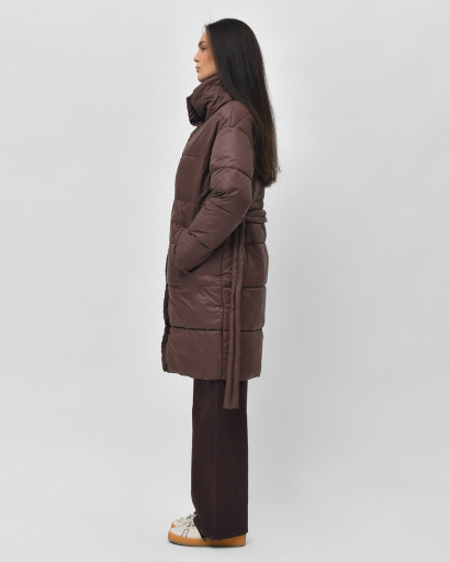 Стьобана куртка-пальто з поясом, колір шоколад 55449, Колір: Коричневий, Розмір: XS, зображення 3