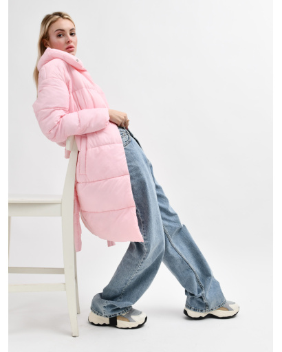 Стьобана куртка-пальто з поясом, колір яскраво-рожевий 55451, Колір: Світло-рожевий, Розмір: S, зображення 2