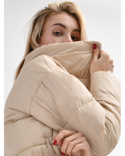 Стьобана світло-бежева куртка-пальто з поясом 55456, Колір: Світлий бежевий, Розмір: S, зображення 2