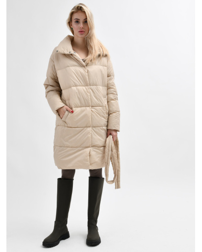 Стьобана світло-бежева куртка-пальто з поясом 55456, Колір: Світлий бежевий, Розмір: S, зображення 3