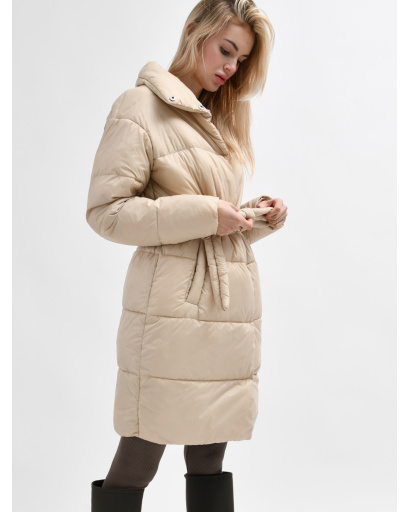 Стьобана світло-бежева куртка-пальто з поясом 55456, Колір: Світлий бежевий, Розмір: S, зображення 6