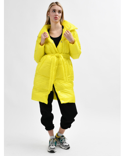 Стеганная желтая куртка-пальто с поясом 55457, Цвет: Жёлтый, Размер: S, изображение 4