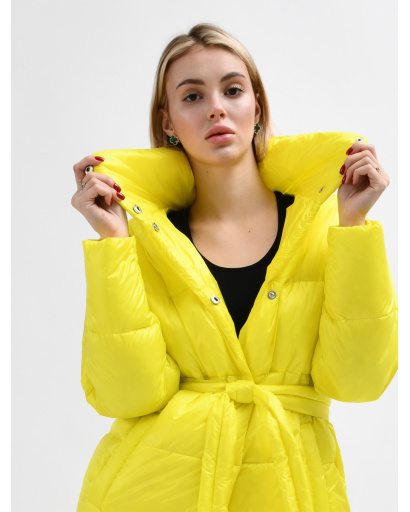 Стеганная желтая куртка-пальто с поясом 55457, Цвет: Жёлтый, Размер: S, изображение 6