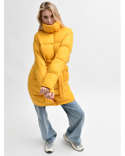 Стьобана куртка-пальто з поясом 55458, Колір: Жовтий, Розмір: M, зображення 3