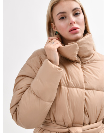 Стьобана темно-бежева куртка-пальто з поясом 55460, Колір: Т. бежевий, Розмір: M, зображення 2