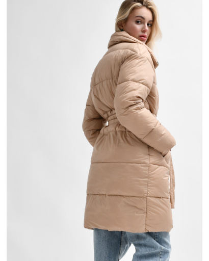 Стьобана темно-бежева куртка-пальто з поясом 55460, Колір: Т. бежевий, Розмір: M, зображення 3