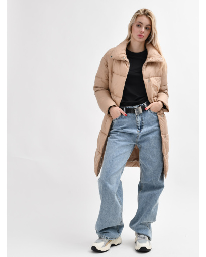 Стьобана темно-бежева куртка-пальто з поясом 55460, Колір: Т. бежевий, Розмір: M, зображення 4