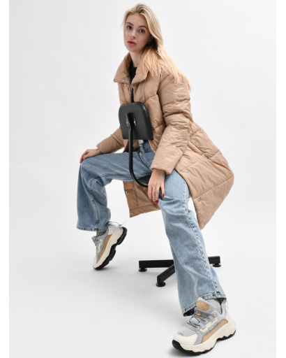 Стьобана темно-бежева куртка-пальто з поясом 55460, Колір: Т. бежевий, Розмір: M, зображення 5