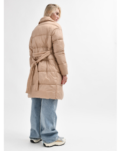 Стьобана темно-бежева куртка-пальто з поясом 55460, Колір: Т. бежевий, Розмір: M, зображення 6