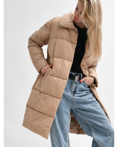 Стьобана темно-бежева куртка-пальто з поясом 55460, Колір: Т. бежевий, Розмір: M, зображення 7