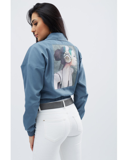 Коротка куртка кольору джинс з малюнком на спині 32140, Колір: Джинс, Розмір: L, зображення 5
