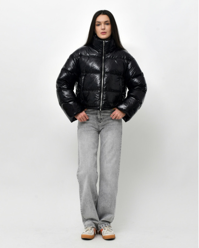 Жіноча весняна пухова куртка коротка, чорна лакова 57278, Колір: Чорний, Розмір: XS, зображення 3