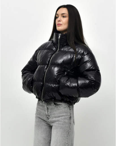 Жіноча весняна пухова куртка коротка, чорна лакова 57278, Колір: Чорний, Розмір: XS, зображення 5