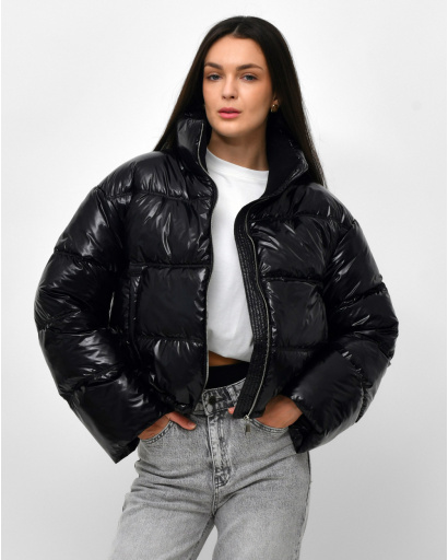 Жіноча весняна пухова куртка коротка, чорна лакова 57278, Колір: Чорний, Розмір: XS, зображення 6