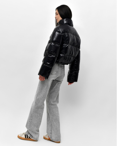 Жіноча весняна пухова куртка коротка, чорна лакова 57278, Колір: Чорний, Розмір: XS, зображення 7