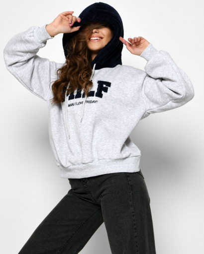 Теплое серое худи в американском стиле 52335, Цвет: Серый, Размер: M, изображение 3