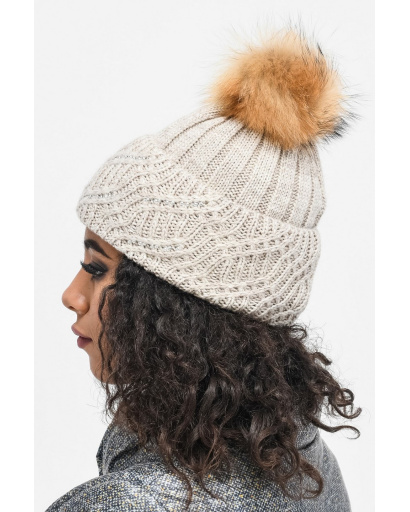 В'язана бежева шапка з помпоном з єнота 34348, Колір: Бежевий, Розмір: ONE SIZE, зображення 2