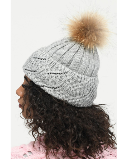 В'язана сіра шапка з помпоном з єнота 34350, Колір: Сірий, Розмір: ONE SIZE, зображення 2
