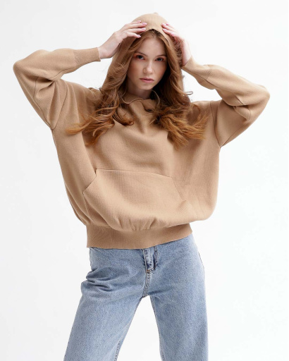 Вязаный коричневый худи оверсайз 55785, Цвет: Коричневый, Размер: ONE SIZE, изображение 4