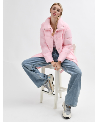 Стьобана куртка-пальто з поясом, колір яскраво-рожевий 55451, Колір: Світло-рожевий, Розмір: S, зображення 4