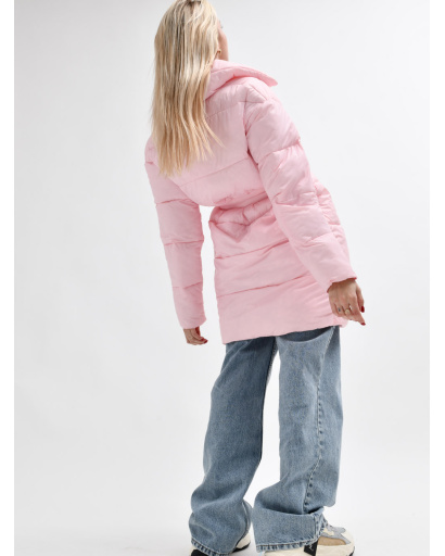 Стьобана куртка-пальто з поясом, колір яскраво-рожевий 55451, Колір: Світло-рожевий, Розмір: S, зображення 5