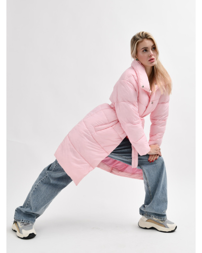 Стьобана куртка-пальто з поясом, колір яскраво-рожевий 55451, Колір: Світло-рожевий, Розмір: S, зображення 6